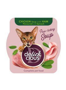 Корм для котов суп с курицей ветчиной и шпинатом Delickcious, 80 г 4407480 фото