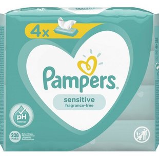 Вологі серветки Sensitive Pampers, 4*52 шт/уп. 3192630 фото