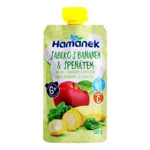 Пюре для детей от 6мес фруктово-овощное Яблоко с бананом и шпинатом Hamanek д/п 100г 3923000 фото