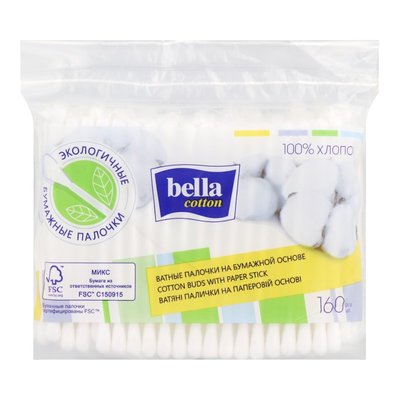 Палички ватні на паперовій основі екологічні Bella Cotton, 160 шт./уп. 3907150 фото