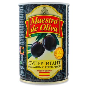 Маслини чорні Супер гігант з кісточкою Maestro de Oliva, 425 г 1211730 фото