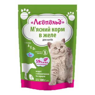 Корм для котів Асорті з яловичиною та серцем у желе Leopold, 100 г 3427230 фото