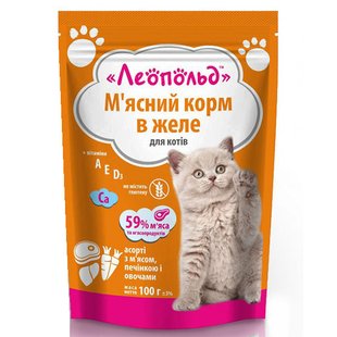 Корм для котів Асорті з м'ясом, печінкою та овочами в желе Leopold, 100 г 3427210 фото