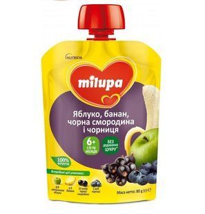 Пюре Яблоко-Банан-Черная смородина-Черника Milupa, 80 г 3389640 фото